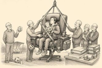 A young parent at a sports club is placed into a huge board chair fitted with belts, keys, accounts, and a gavel, while older volunteers look relieved and hold a small timer.