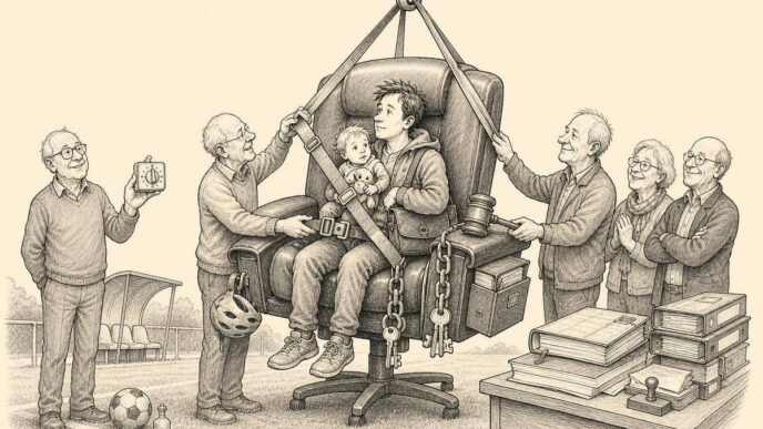 A young parent at a sports club is placed into a huge board chair fitted with belts, keys, accounts, and a gavel, while older volunteers look relieved and hold a small timer.