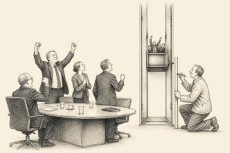 Suited executives in a boardroom watch a tiny lift rise one small step while a manager measures the distance with a ruler.