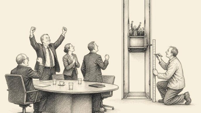 Suited executives in a boardroom watch a tiny lift rise one small step while a manager measures the distance with a ruler.
