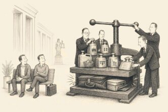 A nearly empty Dutch courthouse waiting area where a small-business owner looks relieved at the short bankruptcy queue, while behind him clerks calmly crush his briefcase and wallet in a giant press weighted with bills, keys, tax