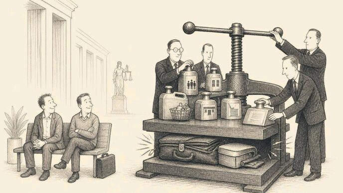 A nearly empty Dutch courthouse waiting area where a small-business owner looks relieved at the short bankruptcy queue, while behind him clerks calmly crush his briefcase and wallet in a giant press weighted with bills, keys, tax