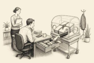 A small office cash drawer is being rearranged by a tiny bureaucratic hand reaching from a baby incubator containing an unfinished official bundle.