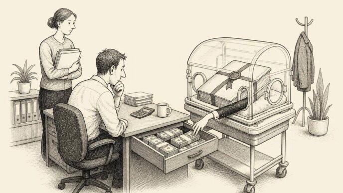 A small office cash drawer is being rearranged by a tiny bureaucratic hand reaching from a baby incubator containing an unfinished official bundle.