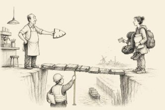 A Dutch lunchroom owner offers a tiny plank across a canal to a young applicant loaded with everyday obligations. The bridge is built from forms and manuals, while an official measures it with concern.