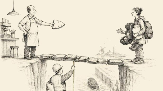 A Dutch lunchroom owner offers a tiny plank across a canal to a young applicant loaded with everyday obligations. The bridge is built from forms and manuals, while an official measures it with concern.