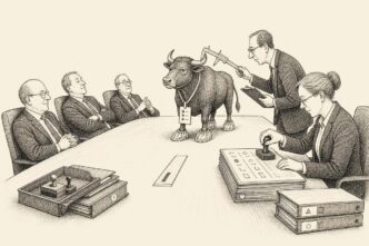 A restrained office boardroom scene with a small bull on the meeting table wearing a visitor badge and shoe covers. Compliance staff inspect it with calipers and forms while executives watch cautiously.