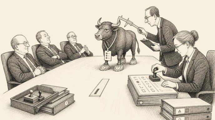 A restrained office boardroom scene with a small bull on the meeting table wearing a visitor badge and shoe covers. Compliance staff inspect it with calipers and forms while executives watch cautiously.