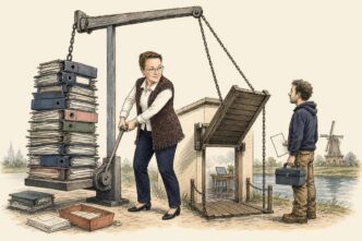 Linda operates a large folder-powered drawbridge at a small office entrance. A freelancer with a toolbox waits outside with a blank invoice while a towering stack of binders acts as the counterweight that opens the way in.