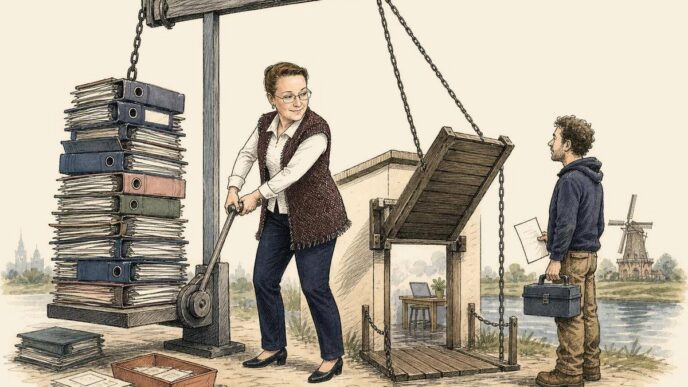 Linda operates a large folder-powered drawbridge at a small office entrance. A freelancer with a toolbox waits outside with a blank invoice while a towering stack of binders acts as the counterweight that opens the way in.