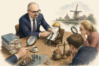 Single-panel editorial cover scene. Paolo Maria, bald with dark rectangular glasses, neat moustache and goatee, navy suit and blue tie, sits at a large Dutch meeting table. Beside him a tiny folded paper business decision with legs sits in