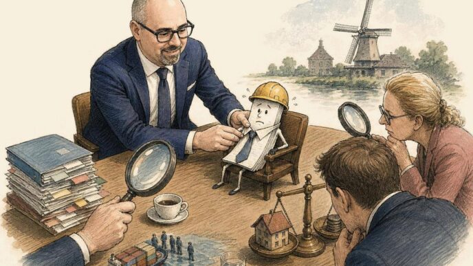 Single-panel editorial cover scene. Paolo Maria, bald with dark rectangular glasses, neat moustache and goatee, navy suit and blue tie, sits at a large Dutch meeting table. Beside him a tiny folded paper business decision with legs sits in