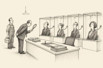 An office buyer inspects staffing agencies displayed in little booths like show animals, while the actual temporary worker stands unnoticed in the background with a lunchbox.