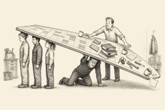 A planning board has become a table supported by employee-shaped legs. One leg is missing, so the owner crouches under it as a replacement while invoices and tools slide toward the edge.