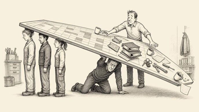 A planning board has become a table supported by employee-shaped legs. One leg is missing, so the owner crouches under it as a replacement while invoices and tools slide toward the edge.