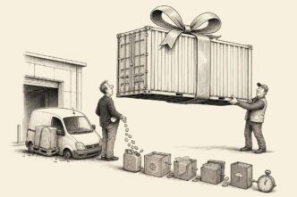 A small exporter at a loading dock receives an enormous ribbon-wrapped container, while his tiny van sags under one pallet and coins drain from his pockets into delivery costs.