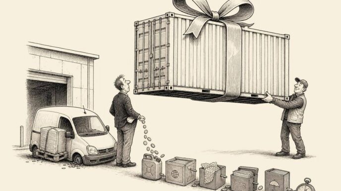 A small exporter at a loading dock receives an enormous ribbon-wrapped container, while his tiny van sags under one pallet and coins drain from his pockets into delivery costs.