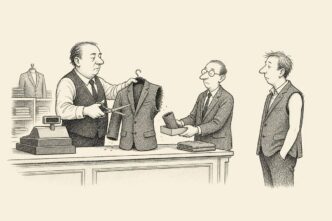 A clothing shop owner at the till cuts a sleeve from a winter coat before handing it to an employee. An accountant beside him holds a small box for the removed sleeve, treating the absurd act as careful payroll management.