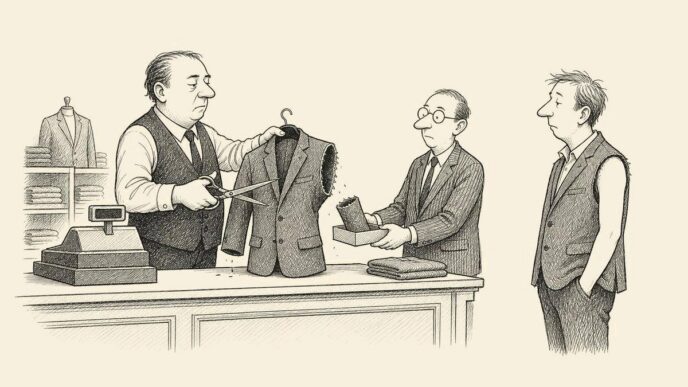 A clothing shop owner at the till cuts a sleeve from a winter coat before handing it to an employee. An accountant beside him holds a small box for the removed sleeve, treating the absurd act as careful payroll management.