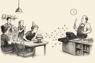 A student worker blows out birthday candles in a café break room as the owner’s cash drawer springs open and throws coins toward the worker, while colleagues applaud.