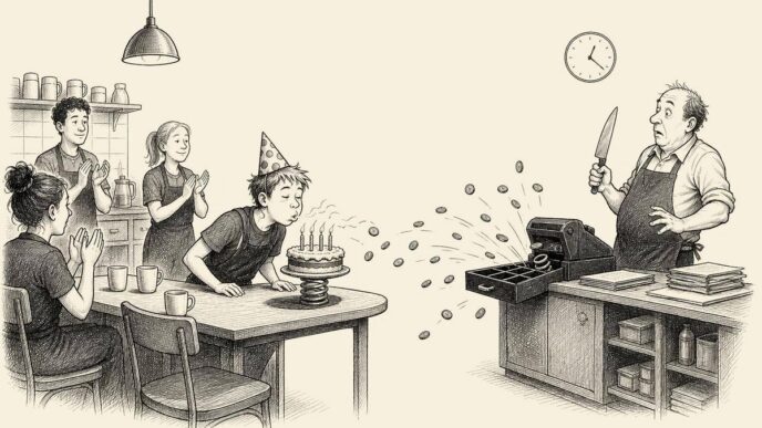 A student worker blows out birthday candles in a café break room as the owner’s cash drawer springs open and throws coins toward the worker, while colleagues applaud.