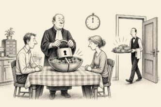 A restrained official ceremony combines a kitchen table and a tax office. An official locks a padlock onto a divided bowl between two spouses. A waiter quietly brings in a tray piled with money, while an adviser looks at the lock with a
