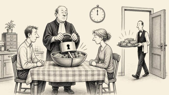 A restrained official ceremony combines a kitchen table and a tax office. An official locks a padlock onto a divided bowl between two spouses. A waiter quietly brings in a tray piled with money, while an adviser looks at the lock with a