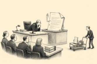 Courtroom-style payroll meeting with an employment contract in the witness box, a tax inspector listening, and a small late-arriving payslip being ignored.