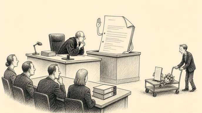 Courtroom-style payroll meeting with an employment contract in the witness box, a tax inspector listening, and a small late-arriving payslip being ignored.