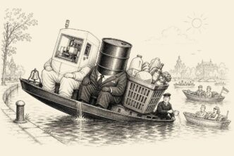 An Amsterdam canal boat with a stock-exchange bell leans under three huge symbolic corporate passengers while other European boats pass smoothly in the sun.