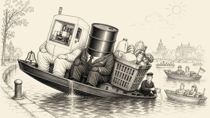 An Amsterdam canal boat with a stock-exchange bell leans under three huge symbolic corporate passengers while other European boats pass smoothly in the sun.
