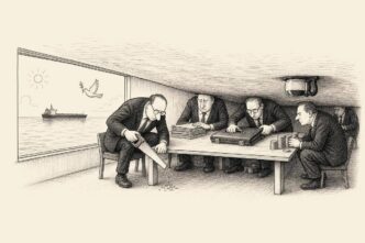Single-panel cartoon: a cramped boardroom with a very low ceiling forces executives to crouch. Through the window the sea is calm, a tanker passes and a dove flies, but inside the directors are still cutting costs and squeezing their