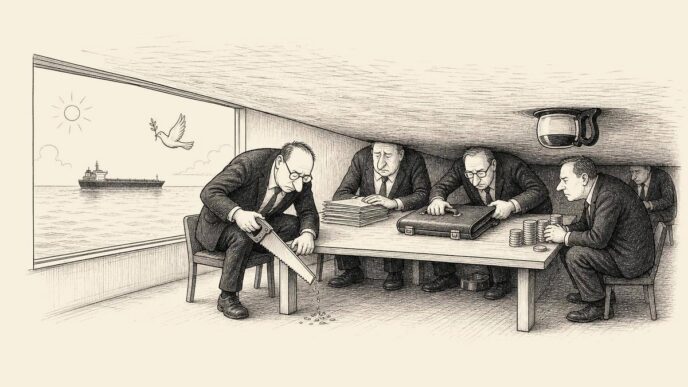 Single-panel cartoon: a cramped boardroom with a very low ceiling forces executives to crouch. Through the window the sea is calm, a tanker passes and a dove flies, but inside the directors are still cutting costs and squeezing their