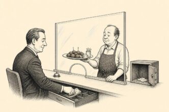 Single-panel cartoon: a small Dutch caterer stands behind a bank teller window that is also a catering counter. A restaurant owner withdraws cash while receiving snacks. The caterer’s safe is nearly empty, making the supplier look like an