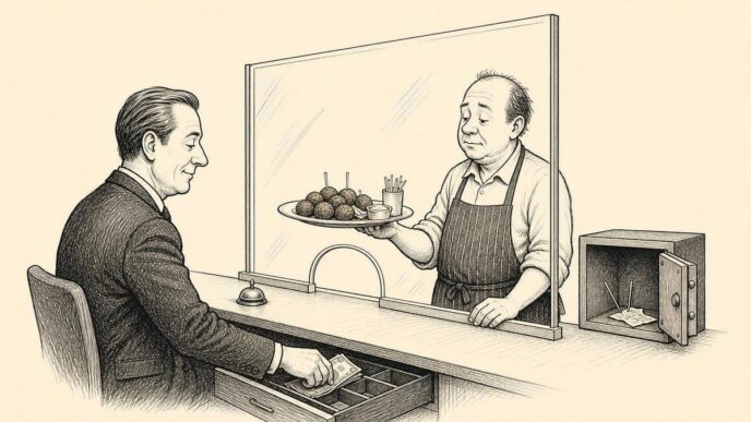 Single-panel cartoon: a small Dutch caterer stands behind a bank teller window that is also a catering counter. A restaurant owner withdraws cash while receiving snacks. The caterer’s safe is nearly empty, making the supplier look like an