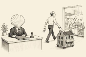 A businesslike seashell sits at a reception desk with a lease folder, while an owner-manager walks a small building on a leash toward a working kitchen, visibly bypassing the shell.