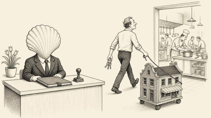 A businesslike seashell sits at a reception desk with a lease folder, while an owner-manager walks a small building on a leash toward a working kitchen, visibly bypassing the shell.