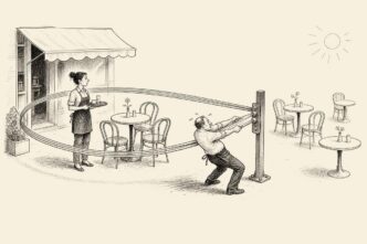 In a café, a worker with a tray stands inside an elastic ring enclosing only part of the terrace. The café owner pulls the elastic toward more tables, but a metal stop prevents it from stretching further.