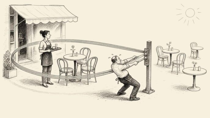 In a café, a worker with a tray stands inside an elastic ring enclosing only part of the terrace. The café owner pulls the elastic toward more tables, but a metal stop prevents it from stretching further.