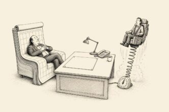 Single-panel cartoon in a small office showing a business owner between a relaxed customer in a huge calendar-covered chair and a supplier being launched by a timed ejector seat.