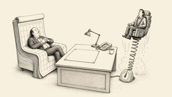 Single-panel cartoon in a small office showing a business owner between a relaxed customer in a huge calendar-covered chair and a supplier being launched by a timed ejector seat.