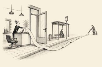 A salon employer holds one end of an extremely long employment contract while the candidate stands far down the street near a bus stop, trying to sign it from a distance.