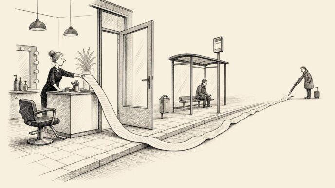 A salon employer holds one end of an extremely long employment contract while the candidate stands far down the street near a bus stop, trying to sign it from a distance.