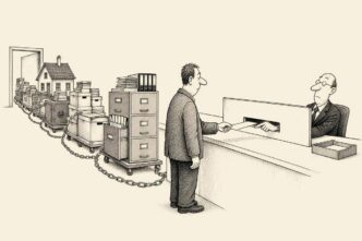 A taxpayer submits a single small form at a tax office counter while dragging a huge chain of files, shoeboxes, records and property evidence behind him.