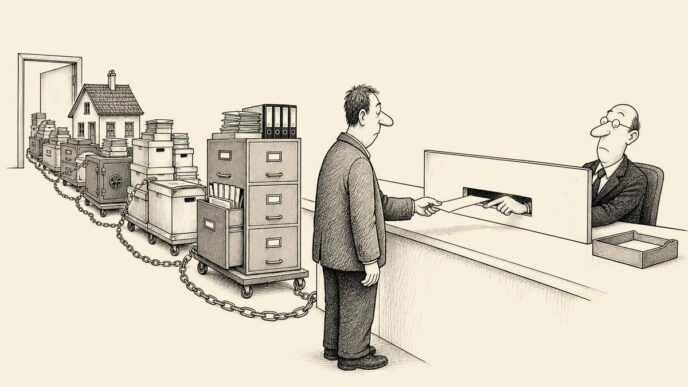 A taxpayer submits a single small form at a tax office counter while dragging a huge chain of files, shoeboxes, records and property evidence behind him.