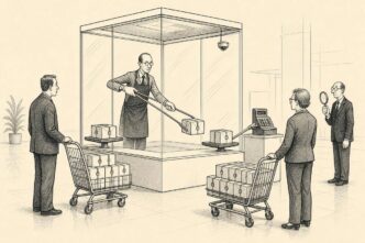 A glass booth contains a careful platform operator using tongs to pass sealed data packages between two customers. A cash register is awkwardly operated from outside while an auditor checks for contact.