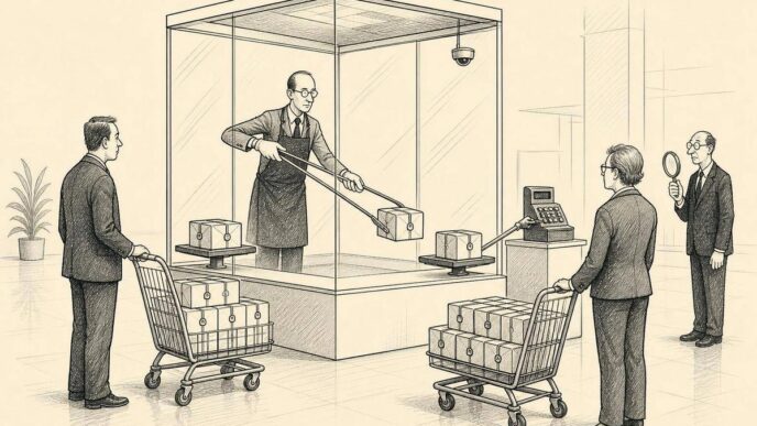 A glass booth contains a careful platform operator using tongs to pass sealed data packages between two customers. A cash register is awkwardly operated from outside while an auditor checks for contact.