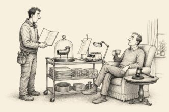 A Dutch installer in work clothes presents a revised quote in a customer’s living room as if in court, with physical cost evidence displayed on a trolley and the customer calmly holding a judge-like position.