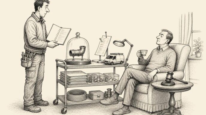 A Dutch installer in work clothes presents a revised quote in a customer’s living room as if in court, with physical cost evidence displayed on a trolley and the customer calmly holding a judge-like position.
