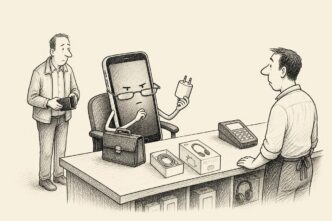 A Dutch electronics shop counter with a shopkeeper presenting a charger to a smartphone seated like an important client. The human owner stands behind the phone, passive and slightly embarrassed, while shelves of cables and adapters fill